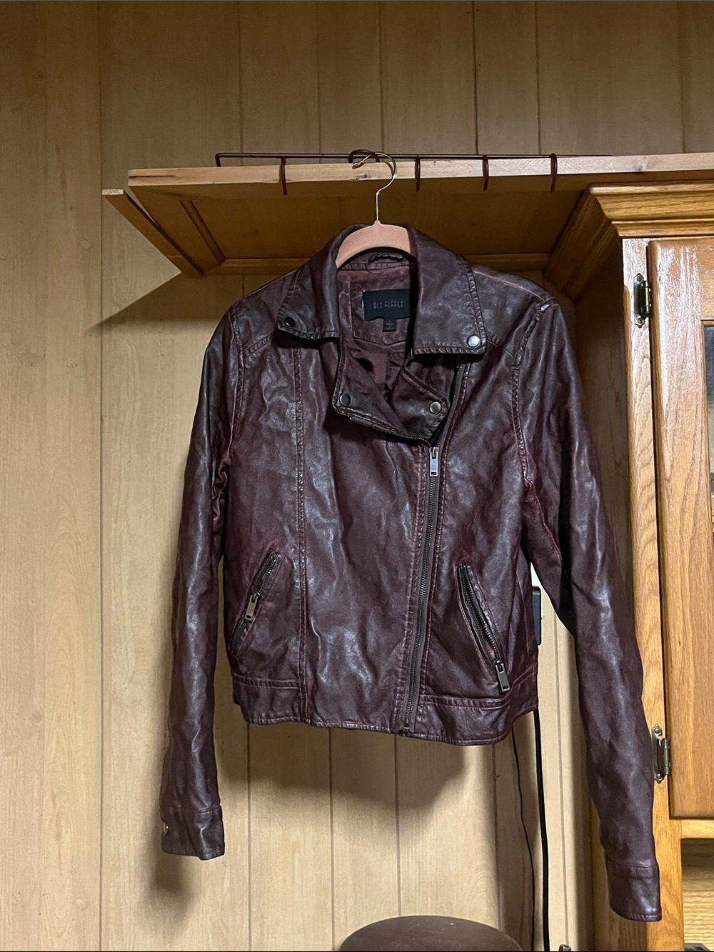Blu Pepper Deep Brown/Burgundy Faux Leather Moto Jacket - size Large